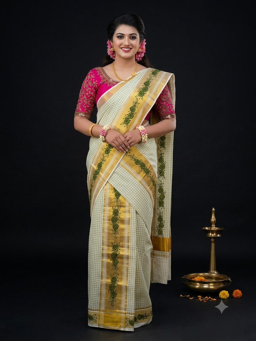 Kerala Kasavu Set Mundu with green floral motifs along gold zari border and check weave body