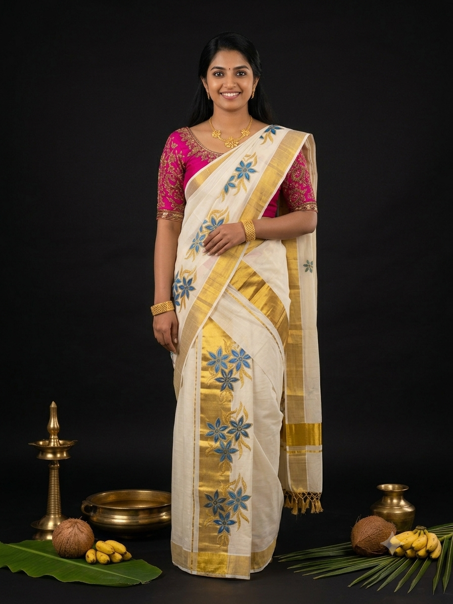 Kerala Kasavu Set Mundu with blue star-shaped floral motifs and wide gold zari border