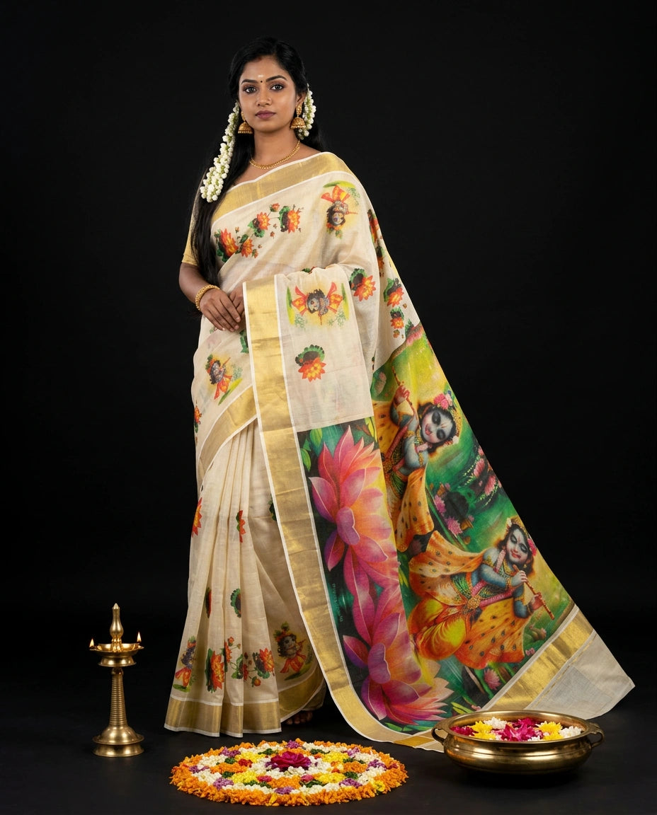 White Kerala Kasavu Saree with Lord Krishna Digital Print Pallu and Bal Gopal Floral Butis