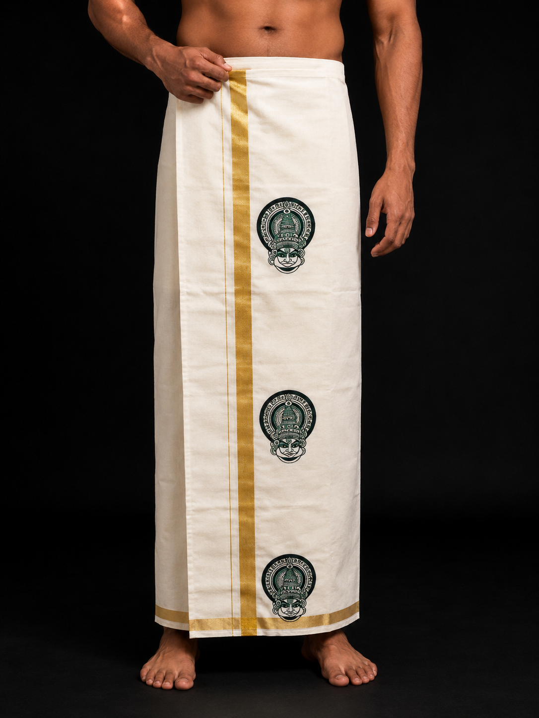 Kathakali medallion print Kerala Mundu with gold kasavu border
