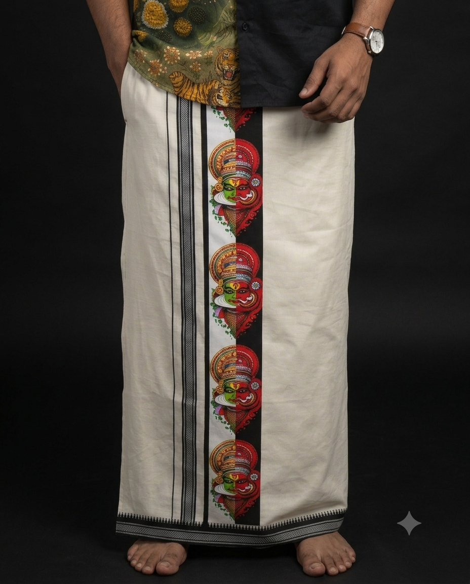 Kerala Kathakali Print Mundu in white with art border