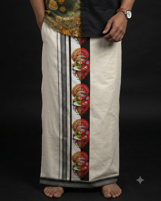 Kerala Kathakali Print Mundu in white with art border