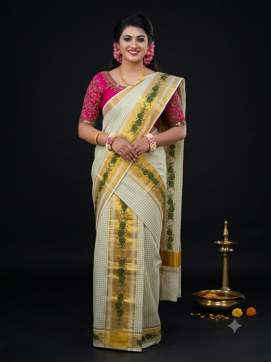 Kerala Kasavu Set Mundu with green floral motifs along gold zari border and check weave body