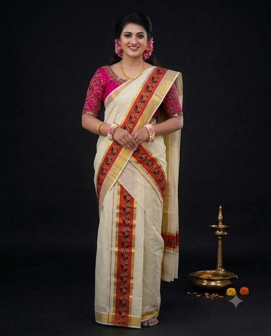 Kerala Kasavu Set Mundu with deep red floral embroidery border and gold zari trim