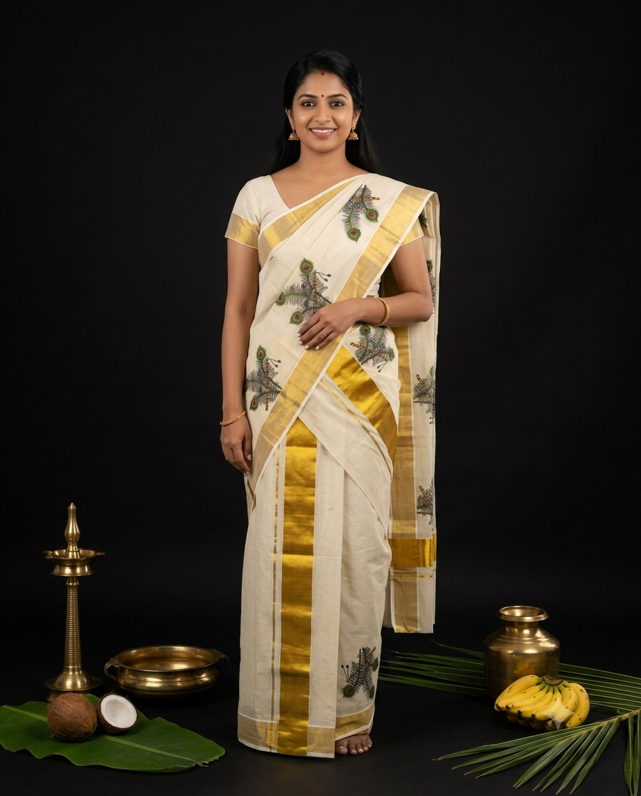 Kerala Kasavu Set Mundu with peacock feather print motifs and wide gold zari border
