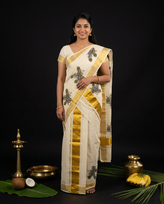 Kerala Kasavu Set Mundu with peacock feather print motifs and wide gold zari border