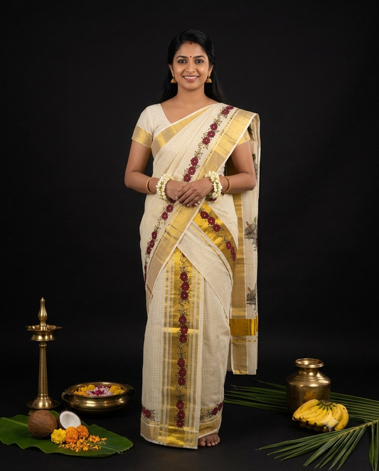 Kerala Kasavu Set Mundu with maroon floral vine print along gold zari border