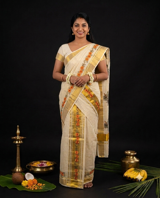Kerala Kasavu Set Mundu with orange floral vine print along gold zari border