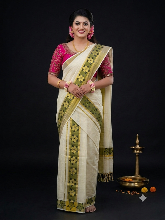 Kerala Kasavu Set Mundu with olive green border and yellow floral motifs