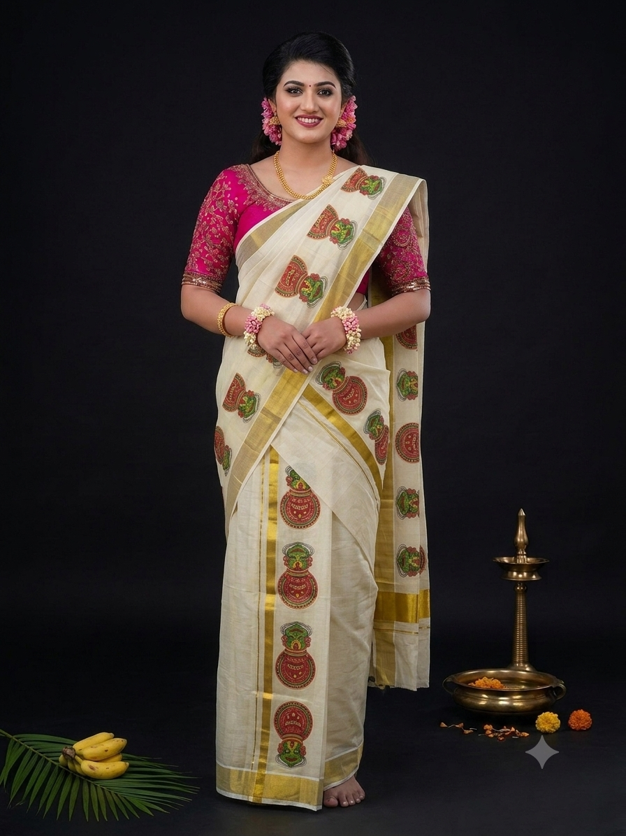 Kerala Kasavu Set Mundu with Theyyam mural art circular motifs and gold zari border