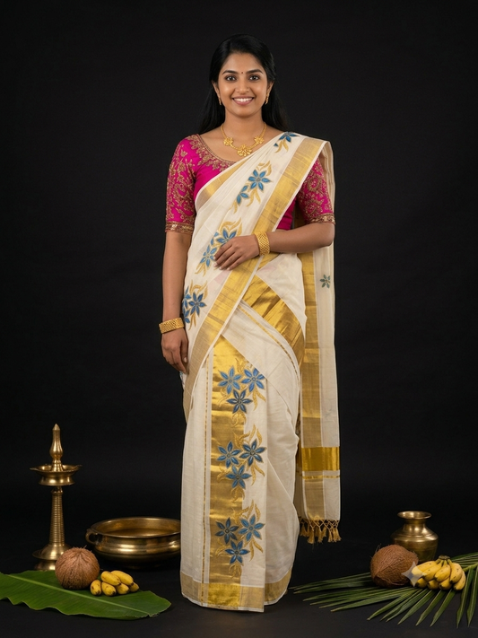 Kerala Kasavu Set Mundu with blue star-shaped floral motifs and wide gold zari border