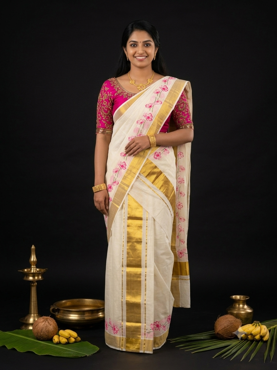Kerala Kasavu Set Mundu with pink floral vine print and gold zari border