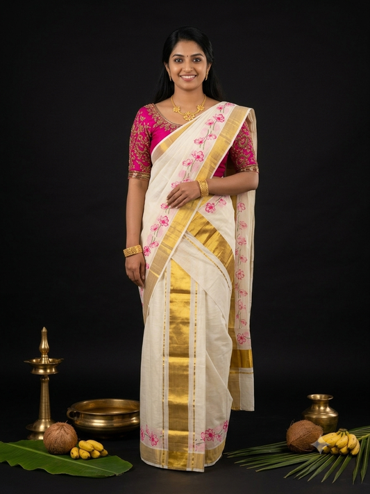 Kerala Kasavu Set Mundu with pink floral vine print and gold zari border
