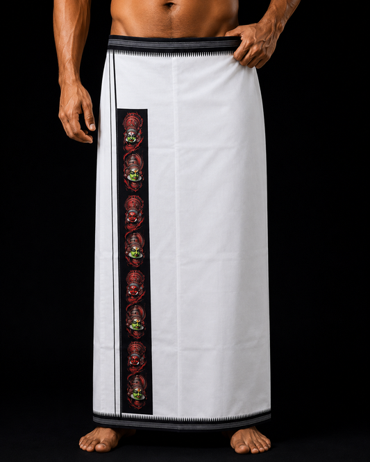 Kerala Kathakali Print Mundu in white with black art border