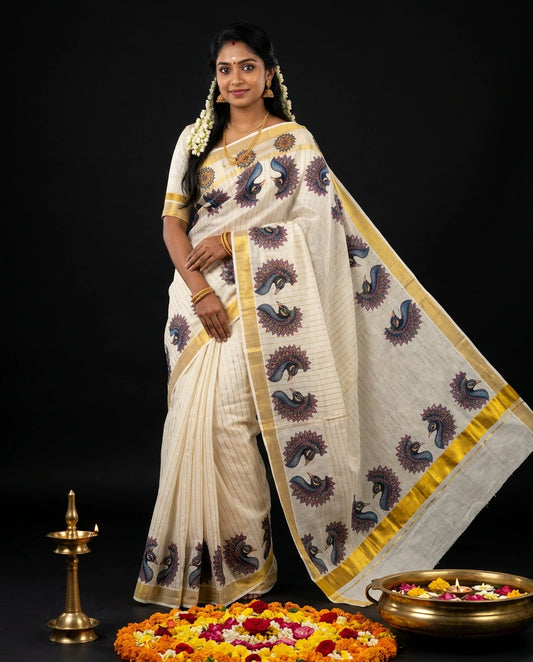 Heritage Gold Tissue Kasavu Saree with Peacock Motifs