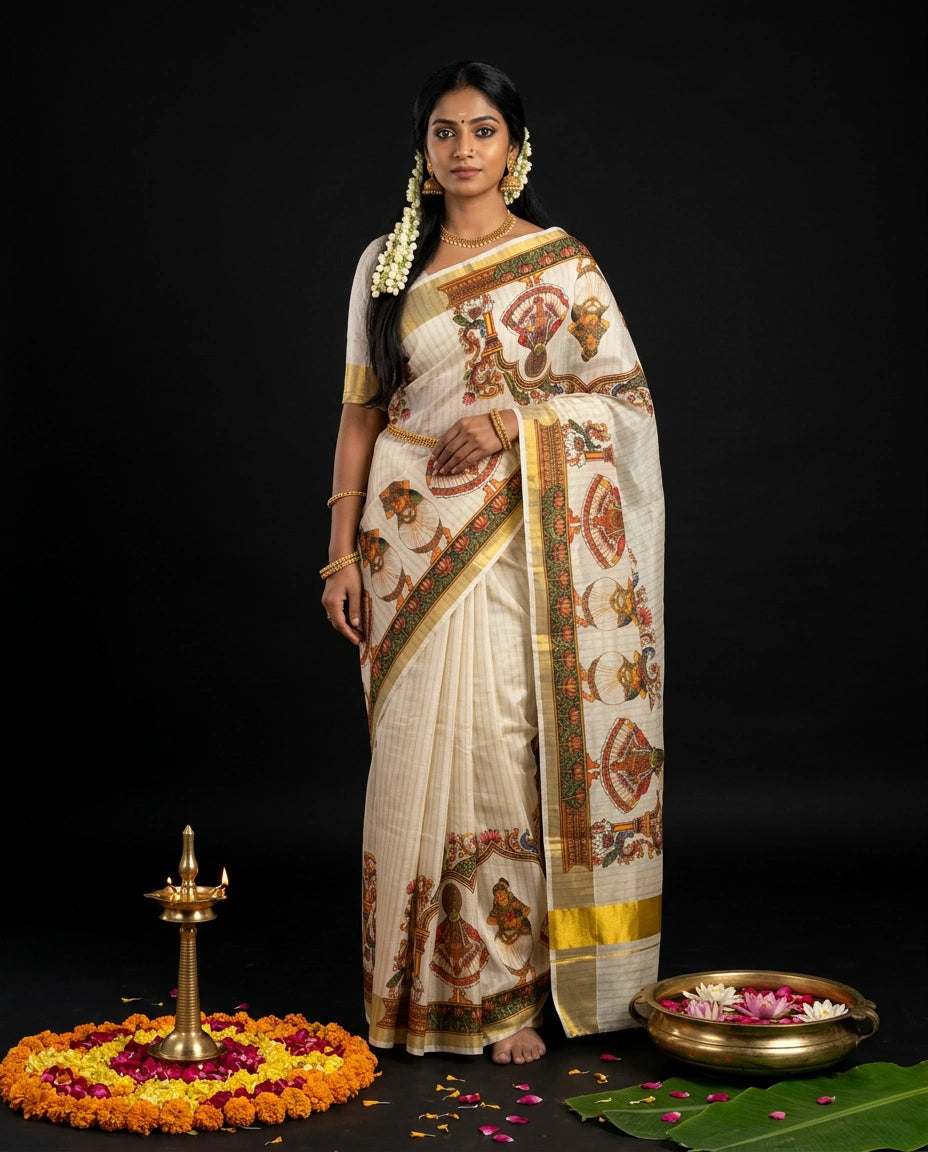 Classical Kerala Dance Mural Art Kasavu Saree with Zari Border