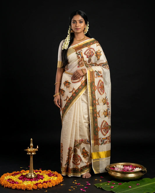Classical Kerala Dance Mural Art Kasavu Saree with Zari Border
