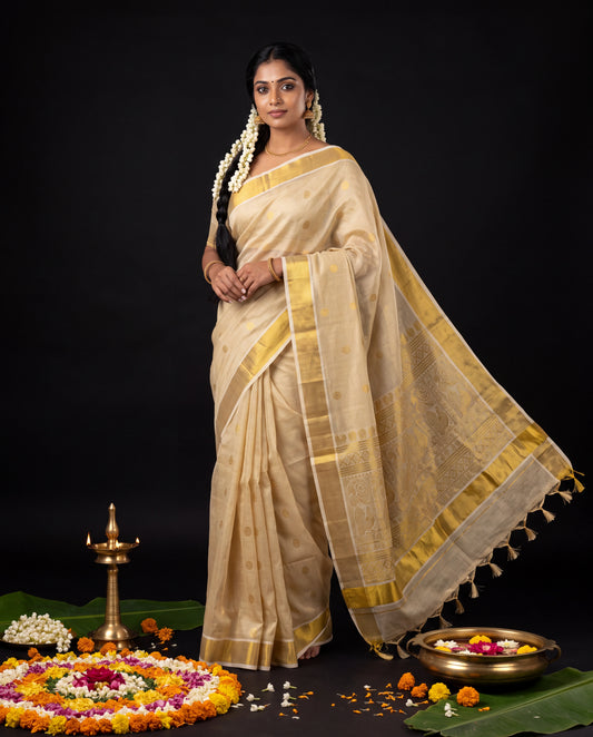 Golden Temple Motif Kasavu Tissue Saree with Zari Border