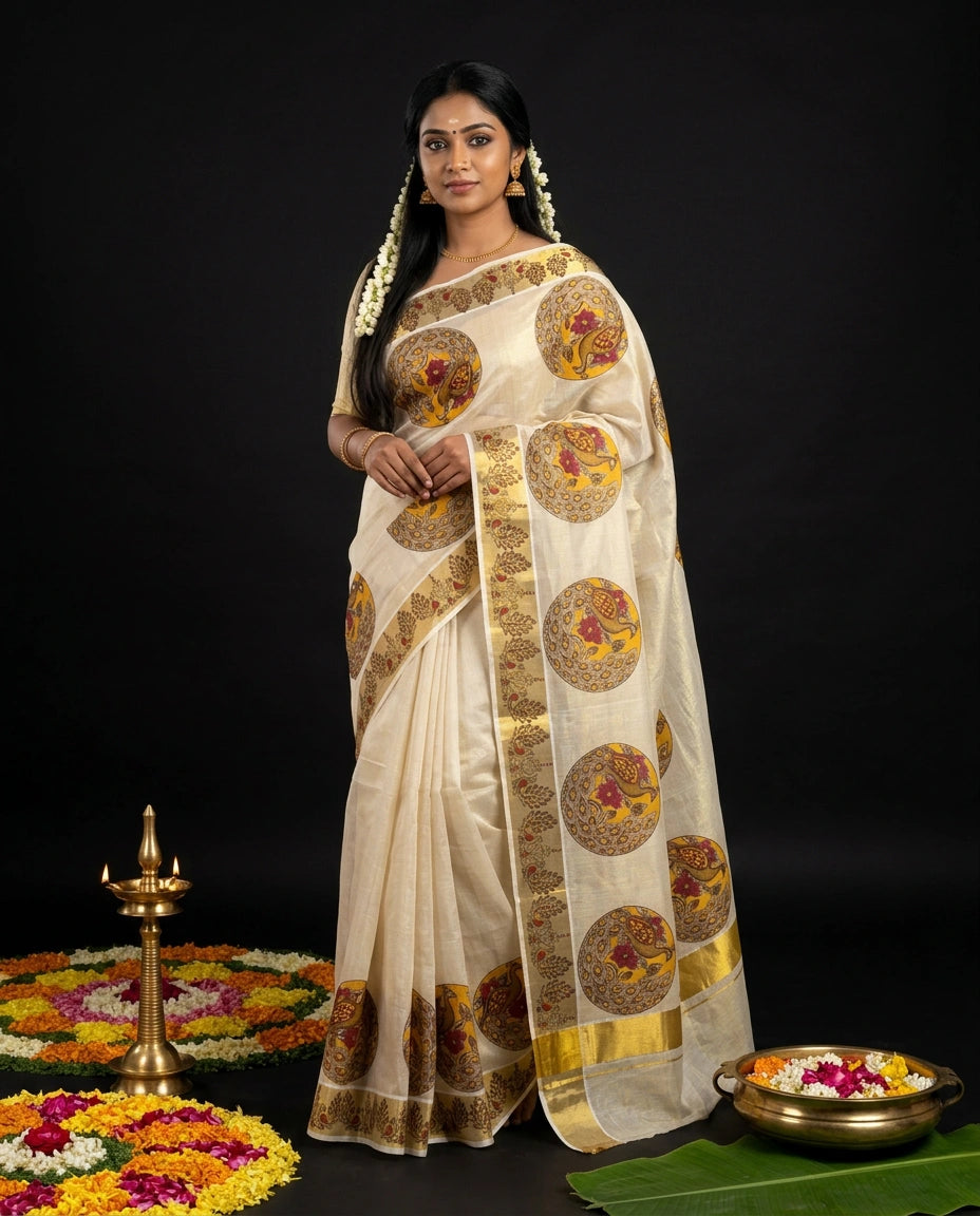 Cream Kerala Tissue Kasavu Saree with Peacock Mural Medallion Motifs