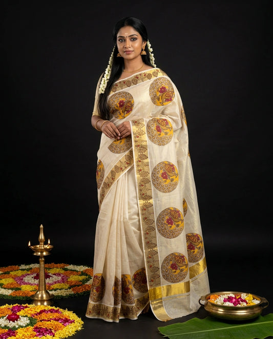 Cream Kerala Tissue Kasavu Saree with Peacock Mural Medallion Motifs