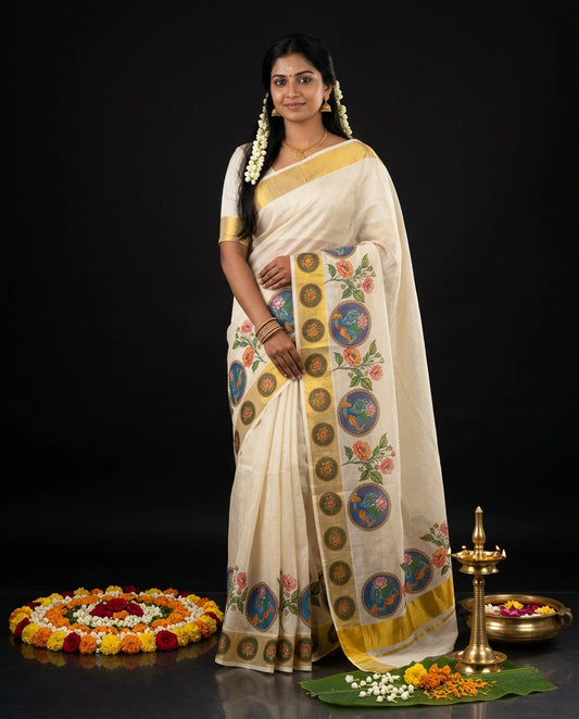 Cream Kerala Kasavu Saree with Krishna Mural Medallions and Floral Prints
