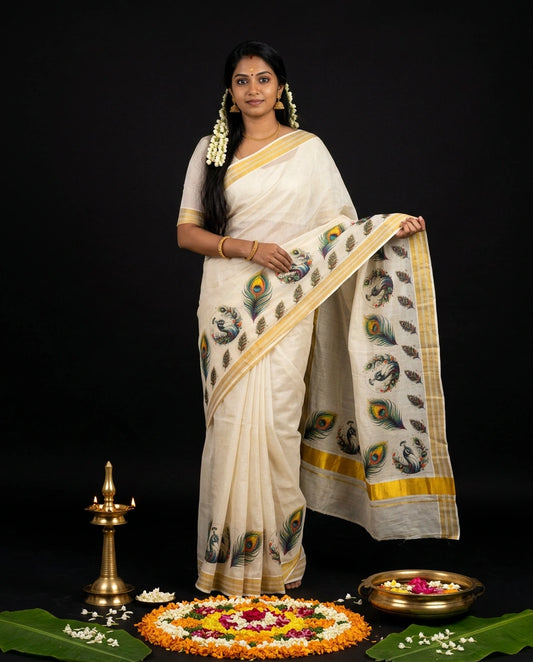 Cream Kerala Kasavu Saree with Peacock Feather and Motif Prints