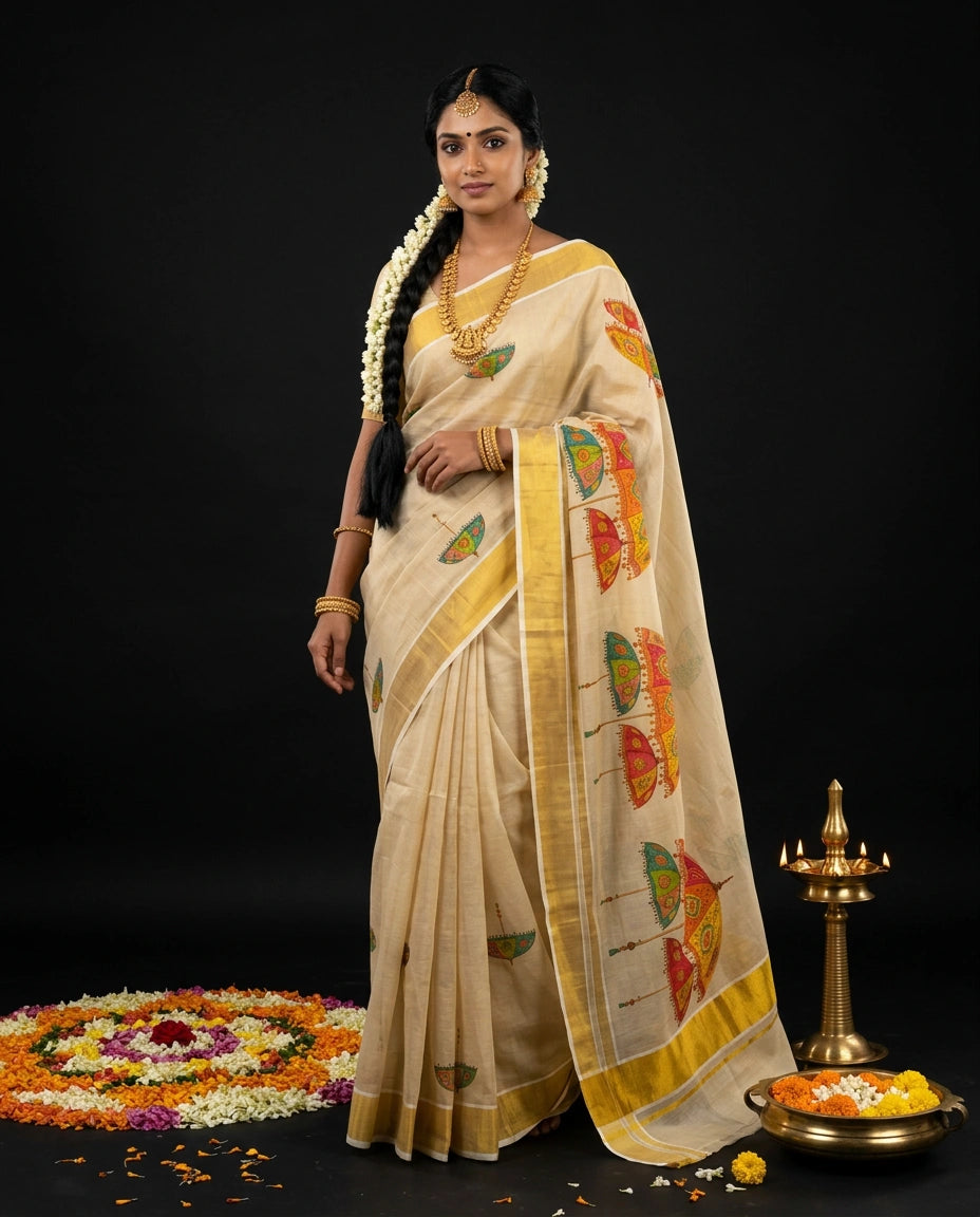 Cream Kerala Kasavu Saree with Colourful Traditional Kuda Umbrella Motif Prints