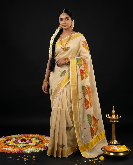 Cream Kerala Kasavu Saree with Colourful Traditional Kuda Umbrella Motif Prints