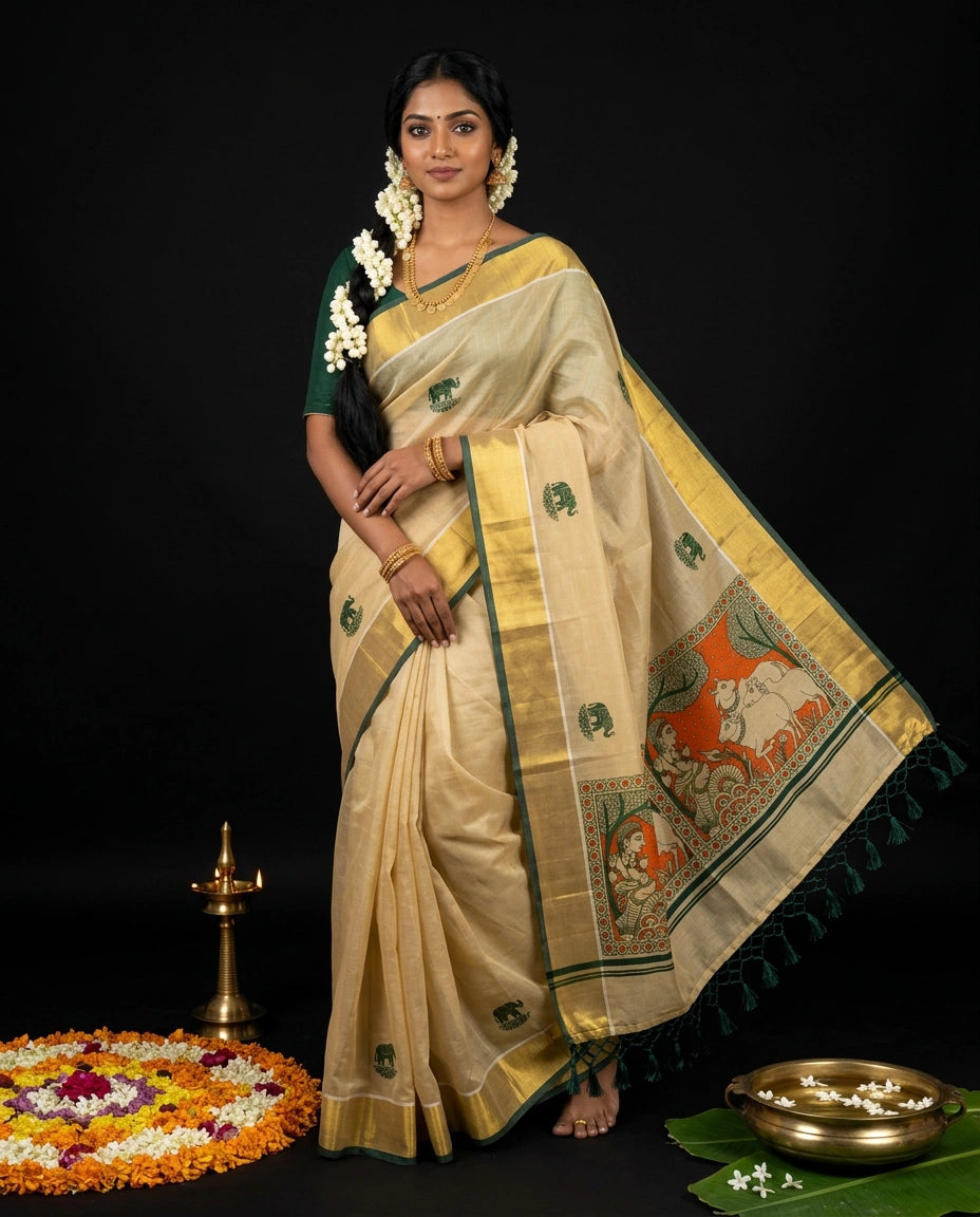 Cream Kerala Tissue Kasavu Saree with Elephant Motifs and Thrissur Pooram Mural Pallu
