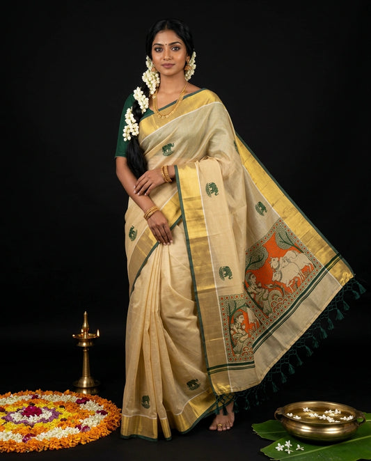 Cream Kerala Tissue Kasavu Saree with Elephant Motifs and Thrissur Pooram Mural Pallu