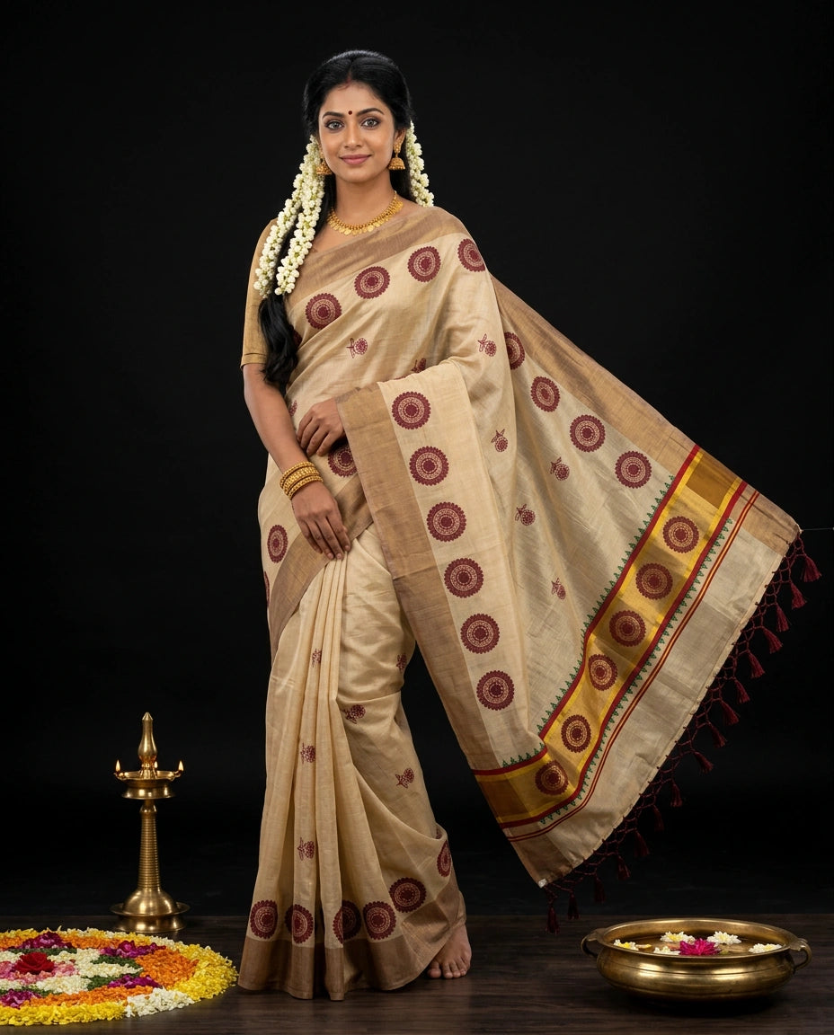 Golden Beige Kerala Tissue Saree with Maroon Mandala Medallion Motifs and Tassel Pallu