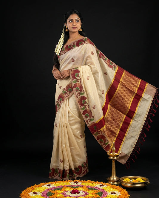Cream Kerala Tissue Saree with Maroon Kalamkari Floral Vine Border and Woven Pallu