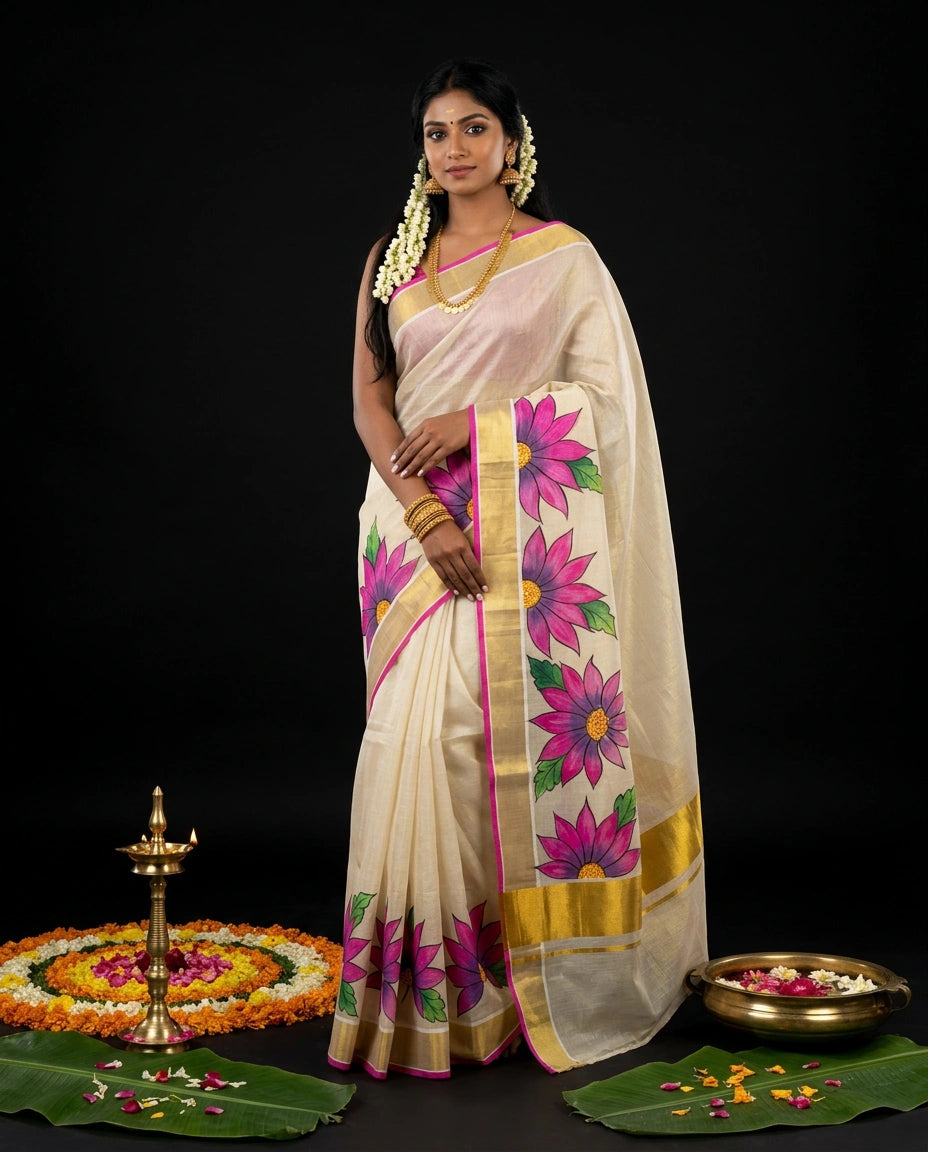 White Kerala Kasavu Saree with Hand-Painted Pink Lotus and Floral Prints