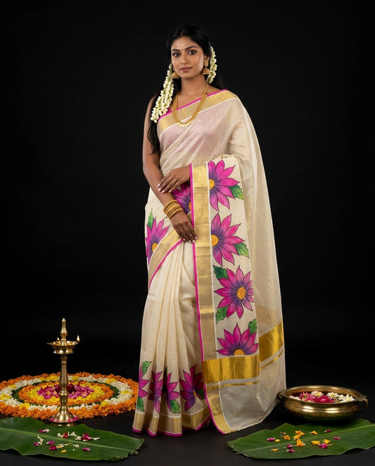 White Kerala Kasavu Saree with Hand-Painted Pink Lotus and Floral Prints