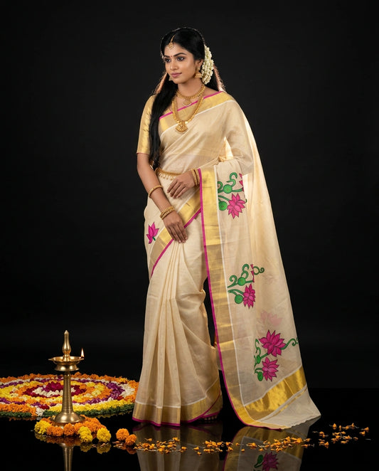 Cream Kerala Kasavu Saree with Hand-Painted Pink Lotus and Green Vine Motifs