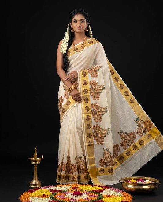 White Kerala Kasavu Saree with Bal Gopal Krishna Mural Art and Coin Motif Prints