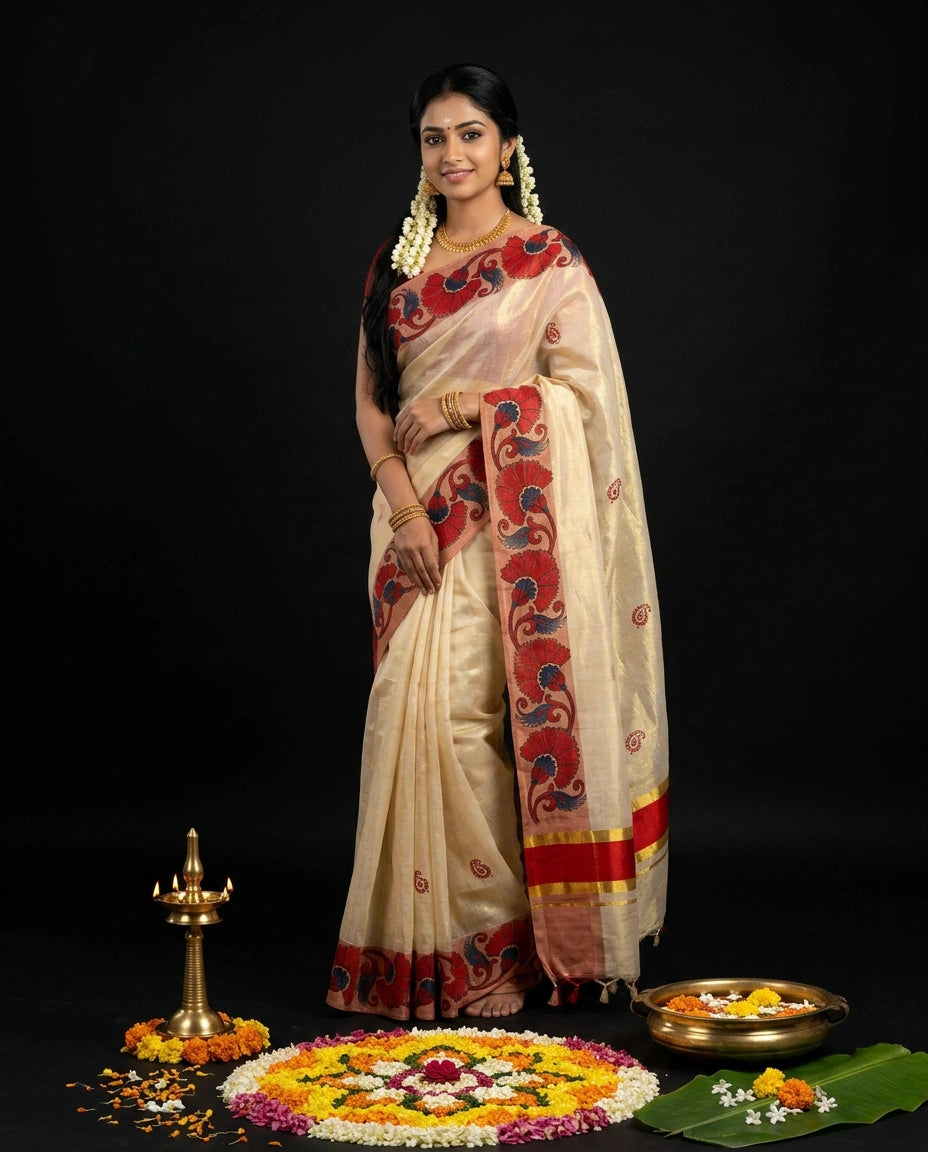 Cream Kerala Tissue Saree with Red and Navy Kalamkari Peacock Scroll Border and Tassel Pallu