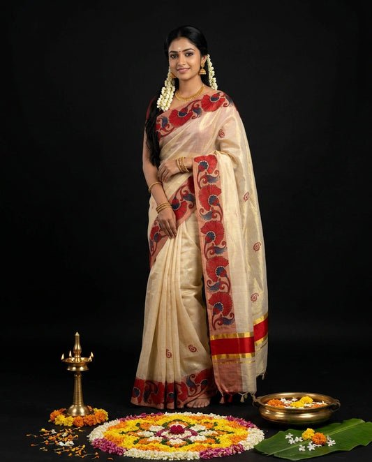 Cream Kerala Tissue Saree with Red and Navy Kalamkari Peacock Scroll Border and Tassel Pallu