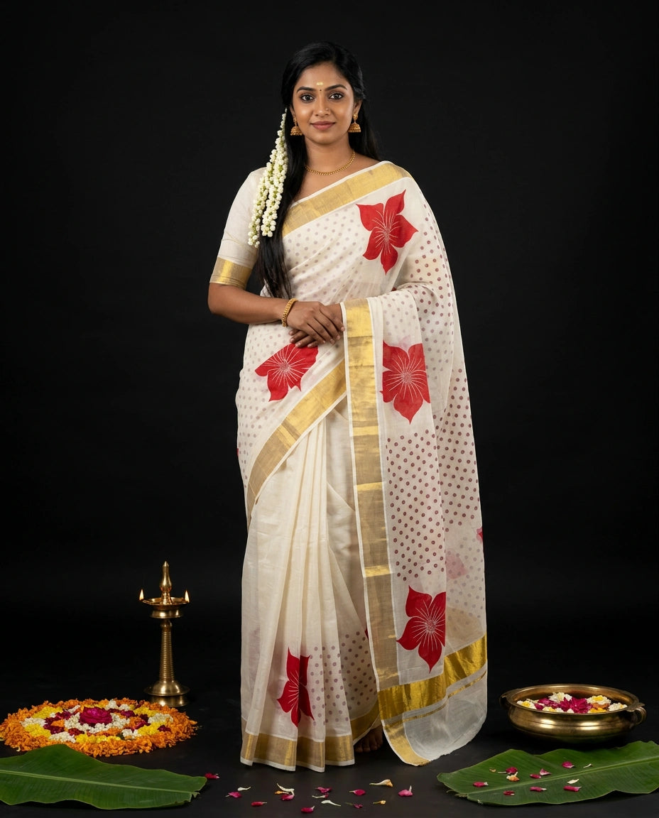 White Kerala Kasavu Saree with Bold Red Hibiscus Floral Prints and Gold Border