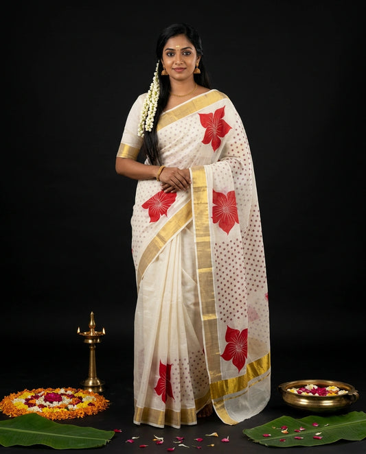 White Kerala Kasavu Saree with Bold Red Hibiscus Floral Prints and Gold Border