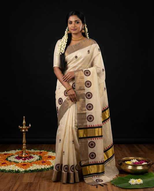 Cream Kerala Tissue Saree with Charcoal Chakra Block Print Motifs and Gold Zari Border