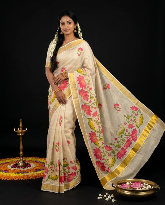 Cream Kerala Kasavu Saree with Large Hand-Painted Pink Lotus and Vine Floral Artwork
