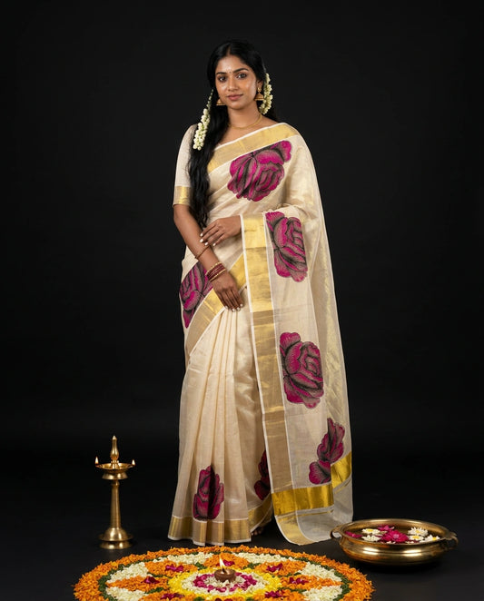 Cream Kerala Tissue Saree with Oversized Magenta Rose Graphic Floral Prints and Gold Border