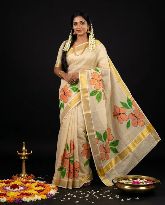 Cream Kerala Kasavu Saree with Hand-Painted Orange Hibiscus and Green Leaf Prints