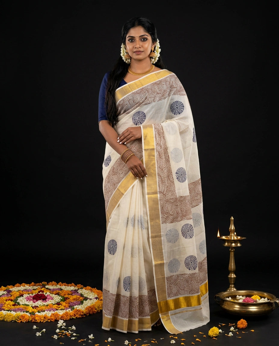 White Kerala Kasavu Saree with Navy Sunburst Block Prints and Kalamkari Border Panel