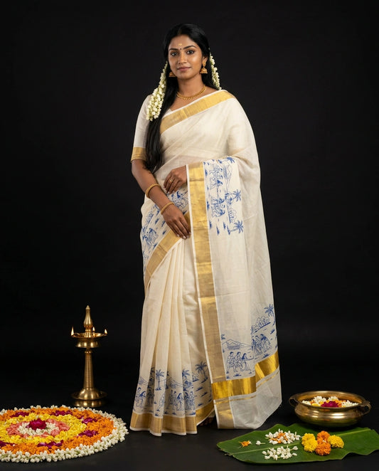 White Kerala Kasavu Saree with Blue Kerala Village Life and Onam Narrative Scene Prints