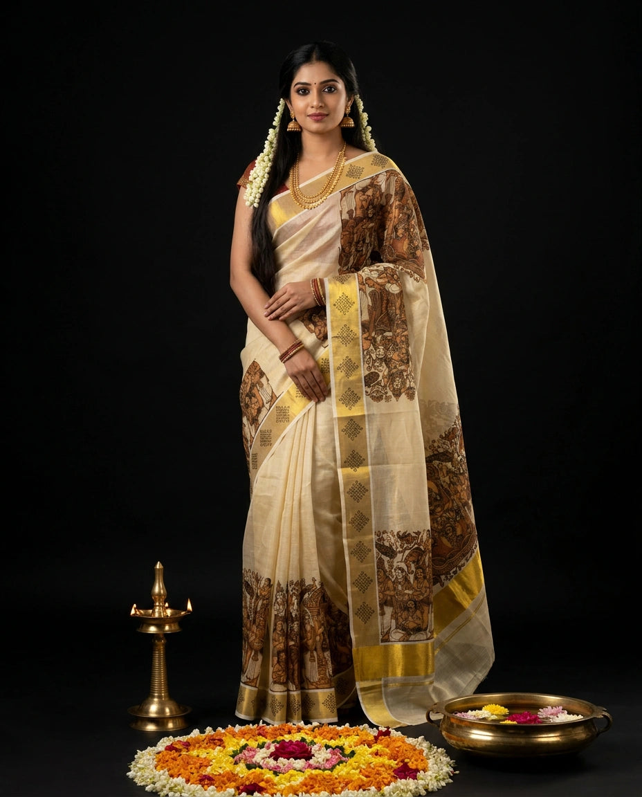 Cream Kerala Tissue Saree with Sepia Epic Mythology Mural Art Narrative Prints and Gold Border
