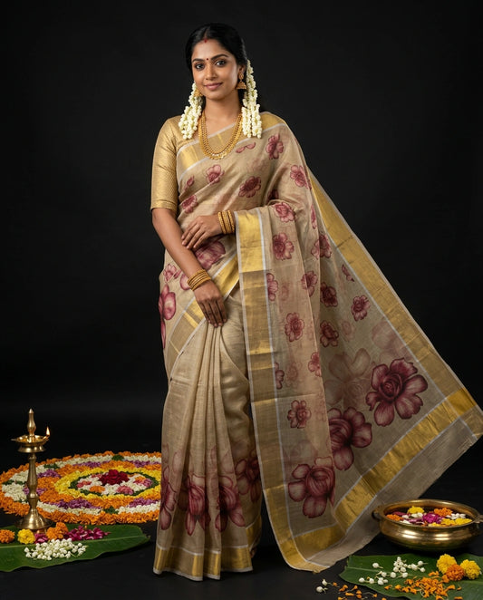 Golden Champagne Tissue Saree with Dusty Rose Watercolour Floral Prints and Gold Border
