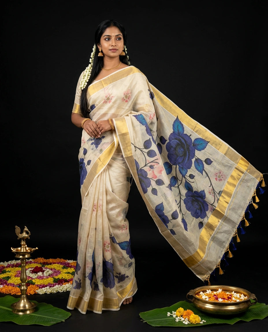 Cream Kerala Tissue Saree with Hand-Painted Deep Blue Rose and Floral Vine Artwork with Blue Tassels