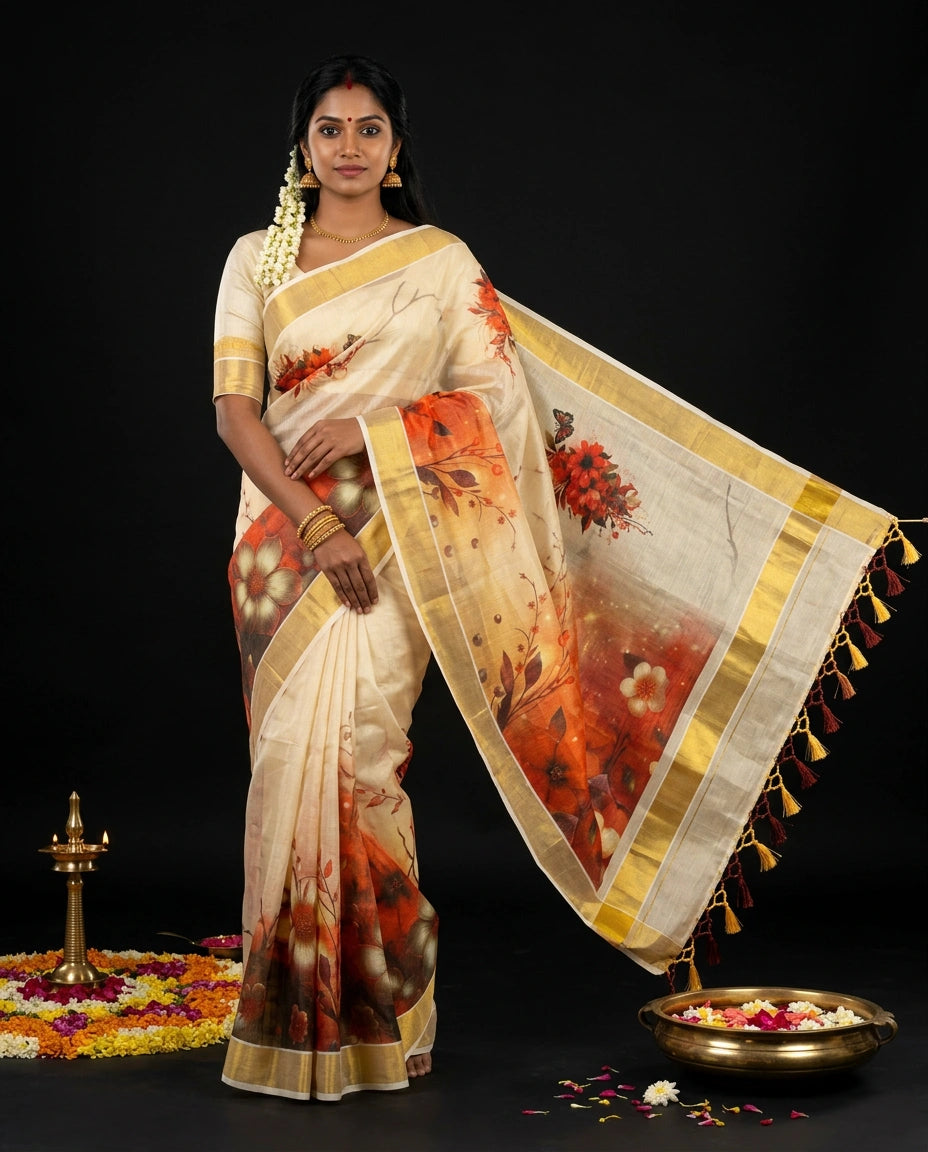 Cream Kerala Tissue Saree with Ombre Sunset Floral Artwork and Multicolour Tassel Pallu